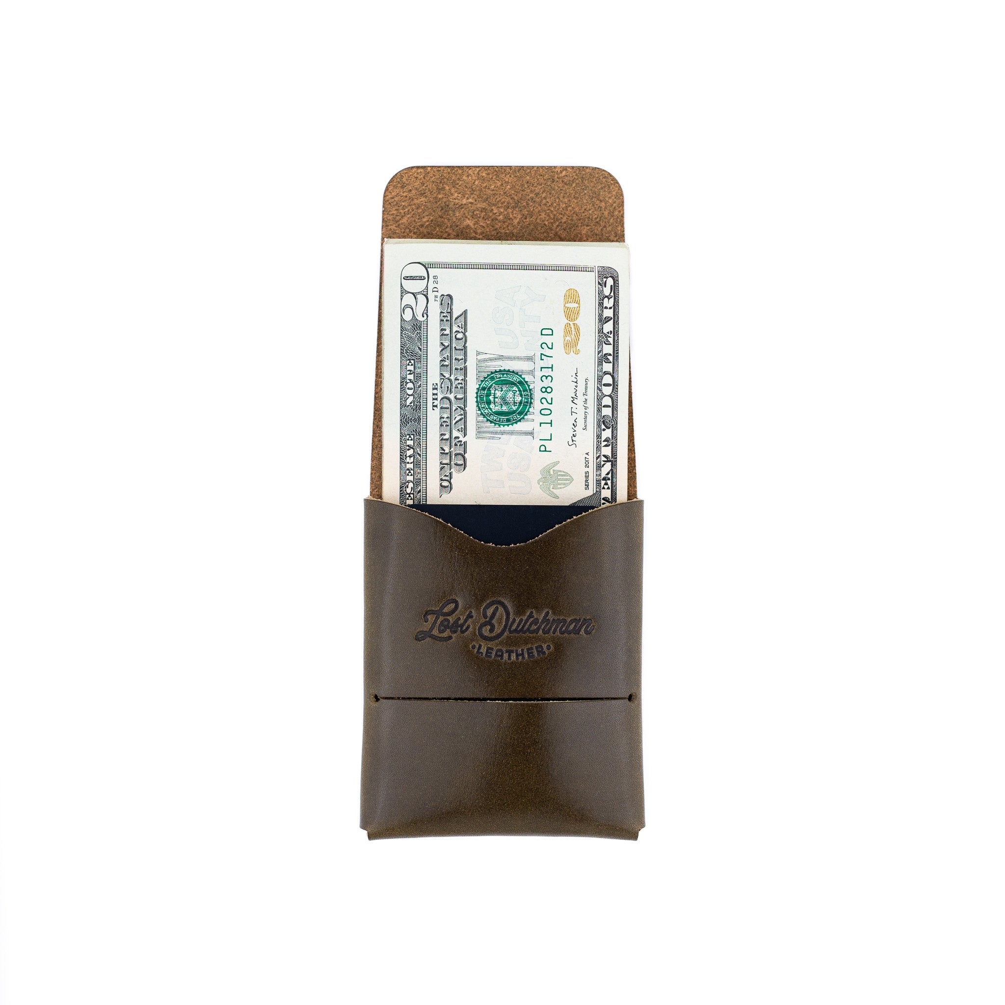Brown leather wallet clip with a dollar bill inside on a white background