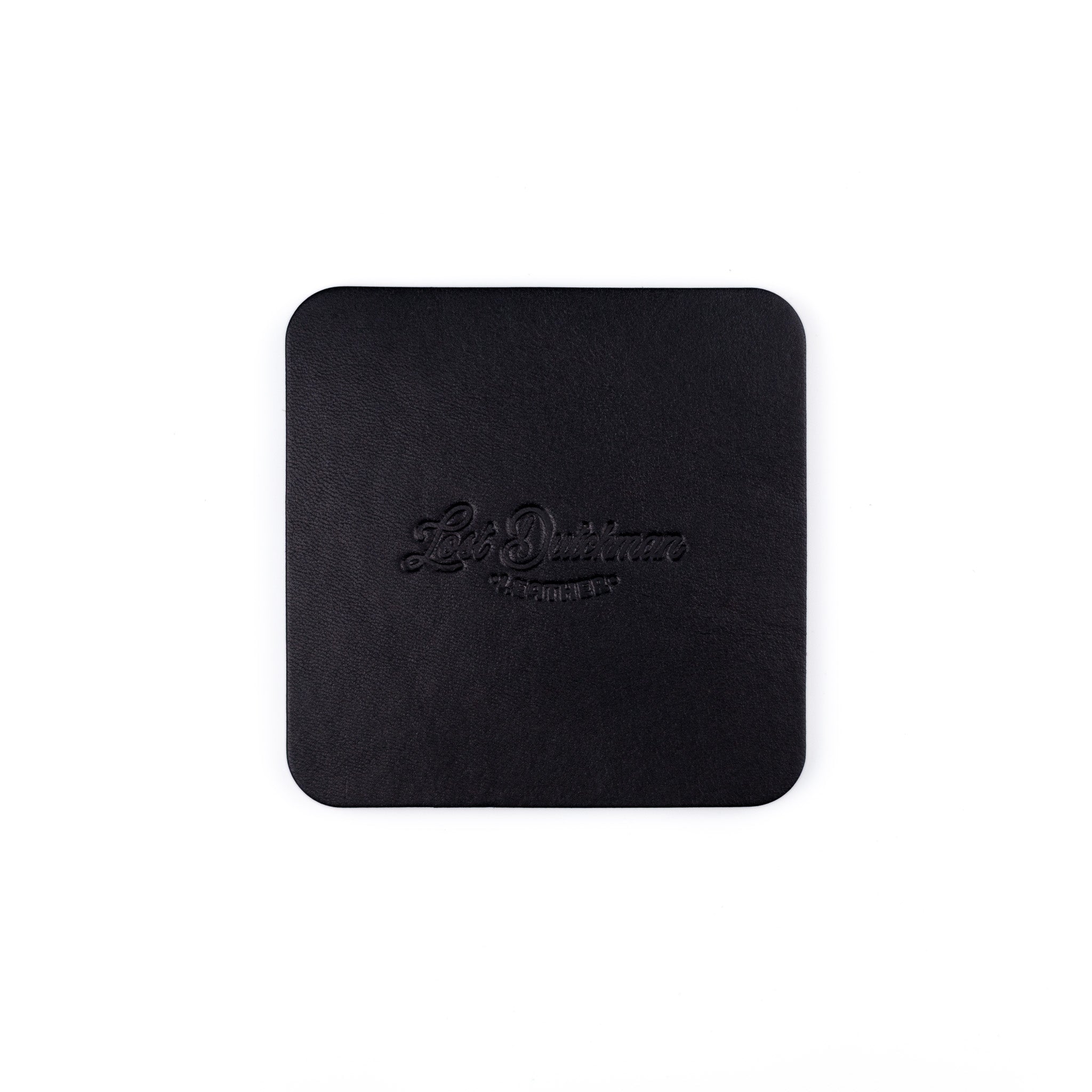 Black square coaster with embossed logo on a white background