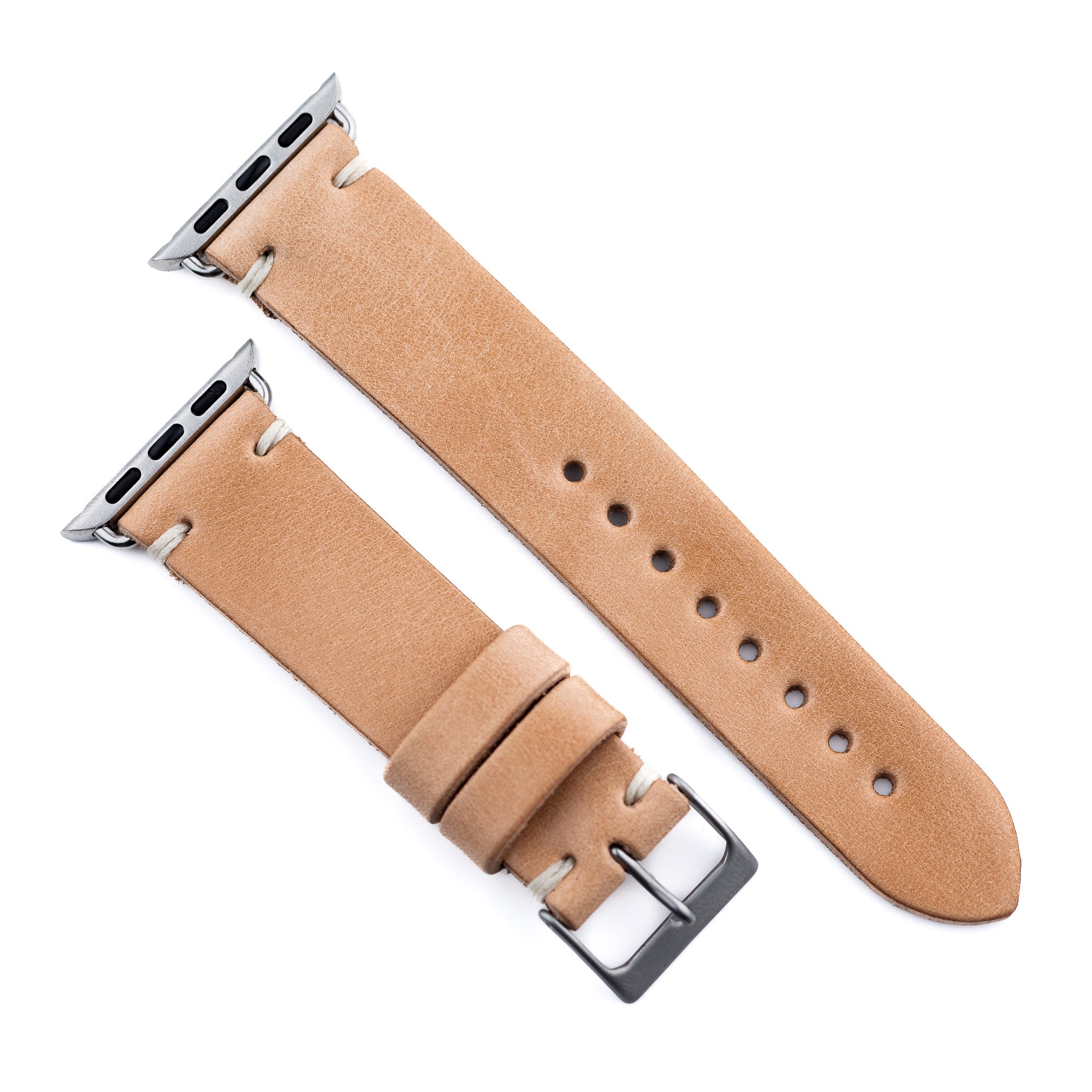 Two beige watch straps with silver buckles on a white background