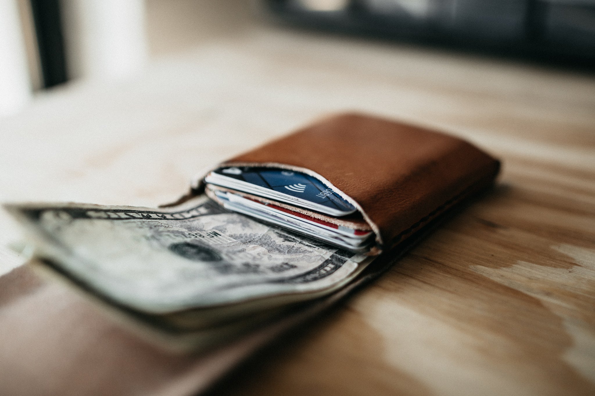 Handmade Leather Card Holder - The Finnigan Wallet Olive / Navy