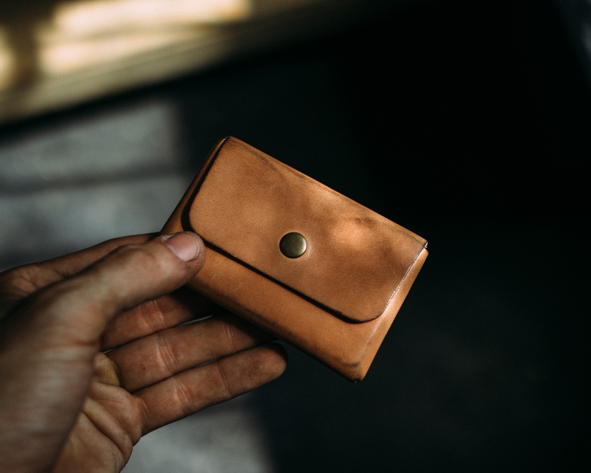 Light brown handmade leather card holder from genuine Italian leather